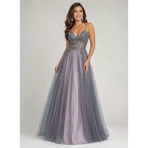 Val Stefani Tulle Metallic Mikado Gown Sheer Beaded Bodice Sz 10 Pink Gray Prom